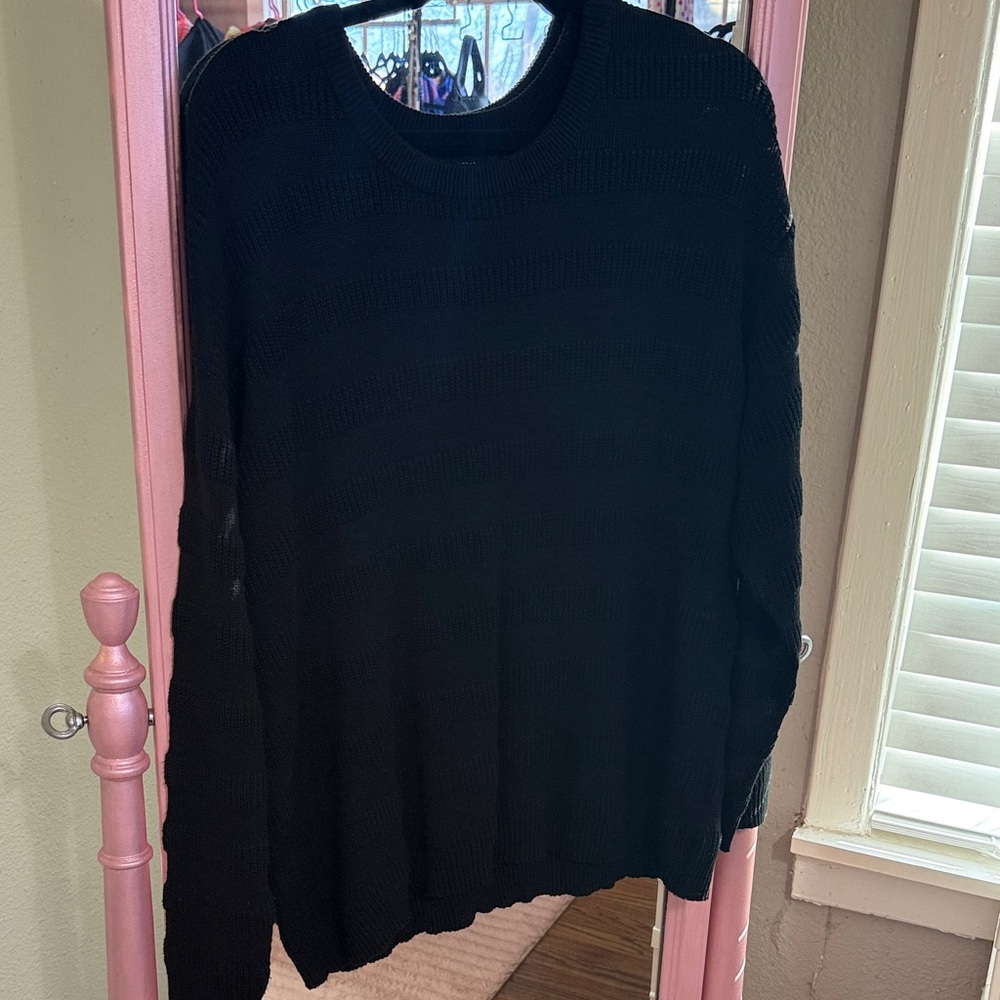 Black Women's Crew Neck Open Knit Striped Oversized Sweater